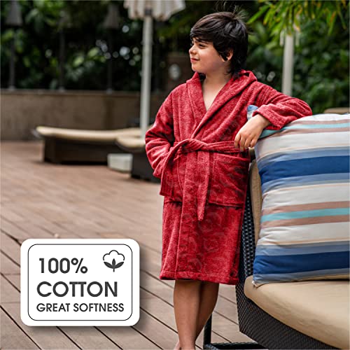 ALLEN & MATE Children 100% Cotton Hooded Bathrobe for Kids Boys Girls Soft Terry Towel Dressing Gown 2-13 Years