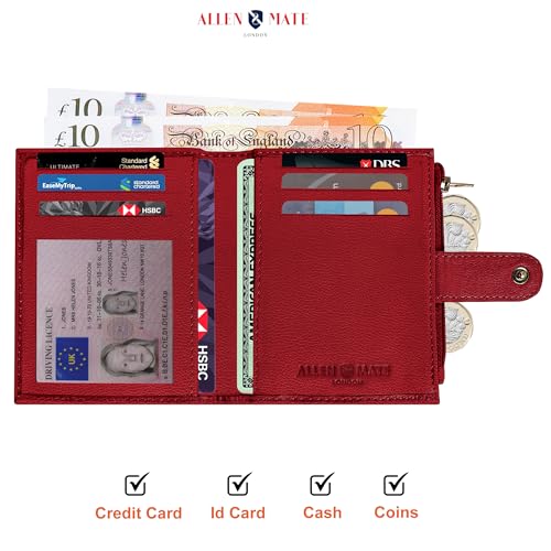 ALLEN & MATE Leather Card Holder Slim Wallet with Zip Coin Pocket, RFID Blocking Minimalist Wallet Credit Card Holder, Holds up to 7 Cards and Bank Notes, with Gift Box
