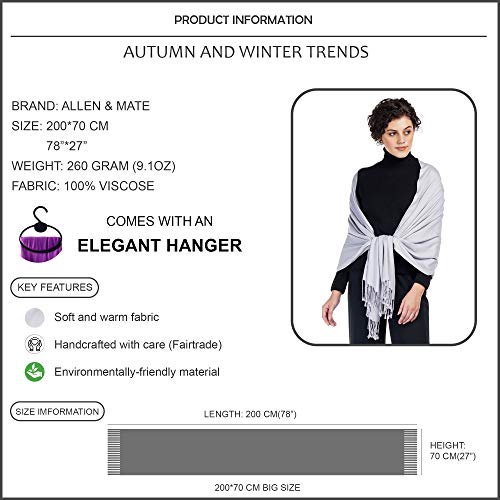 ALLEN & MATE Handcrafted Soft Pashmina Shawl Scarf Wrap Stole for Women in Solid Colors