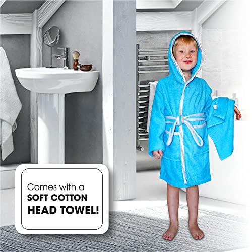 ALLEN & MATE Dressing Gown Kids, 100% Cotton Bathrobes with Hoodie and Pockets, Terry Towel Dressing Gown for Girls, Boys 3-12 Years