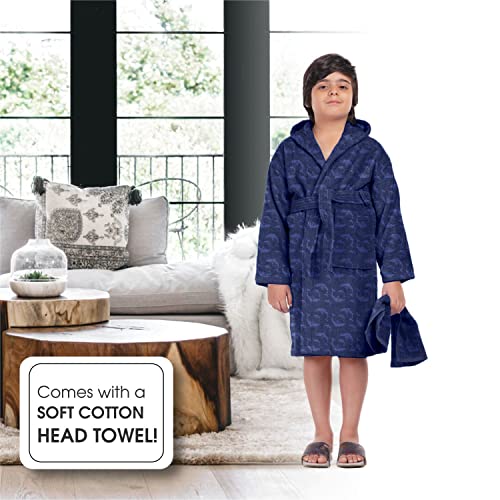 ALLEN & MATE Children 100% Cotton Hooded Bathrobe for Kids Boys Girls Soft Terry Towel Dressing Gown 2-13 Years