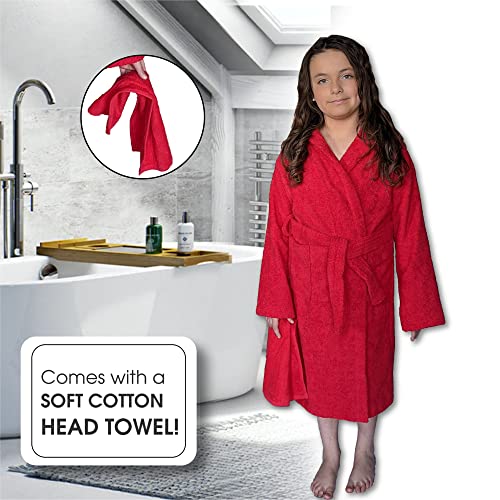 ALLEN & MATE Children 100% Cotton Hooded Bathrobe for Kids Boys Girls Soft Terry Towel Dressing Gown 2-13 Years