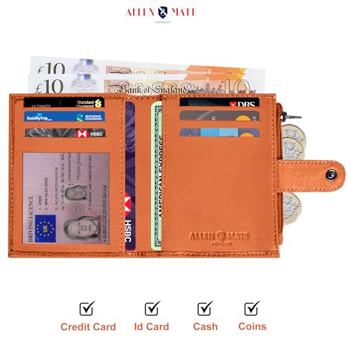 ALLEN & MATE Leather Card Holder Slim Wallet with Zip Coin Pocket, RFID Blocking Minimalist Wallet Credit Card Holder, Holds up to 7 Cards and Bank Notes, with Gift Box