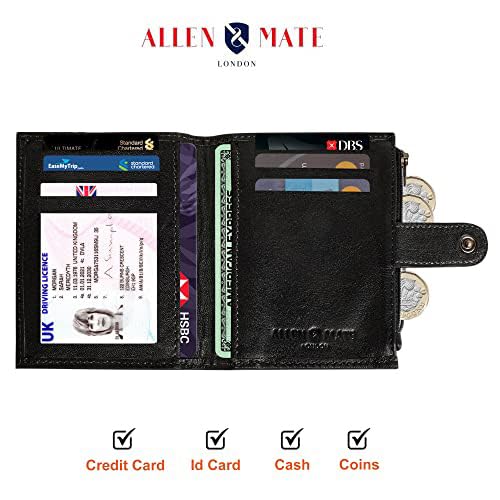ALLEN & MATE Leather Card Holder Slim Wallet with Zip Coin Pocket, RFID Blocking Minimalist Wallet Credit Card Holder, Holds up to 7 Cards and Bank Notes, with Gift Box