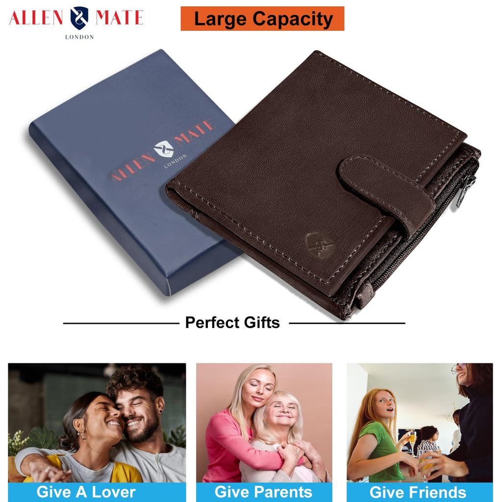 ALLEN & MATE Leather Card Holder Slim Wallet with Zip Coin Pocket, RFID Blocking Minimalist Wallet Credit Card Holder, Holds up to 7 Cards and Bank Notes, with Gift Box