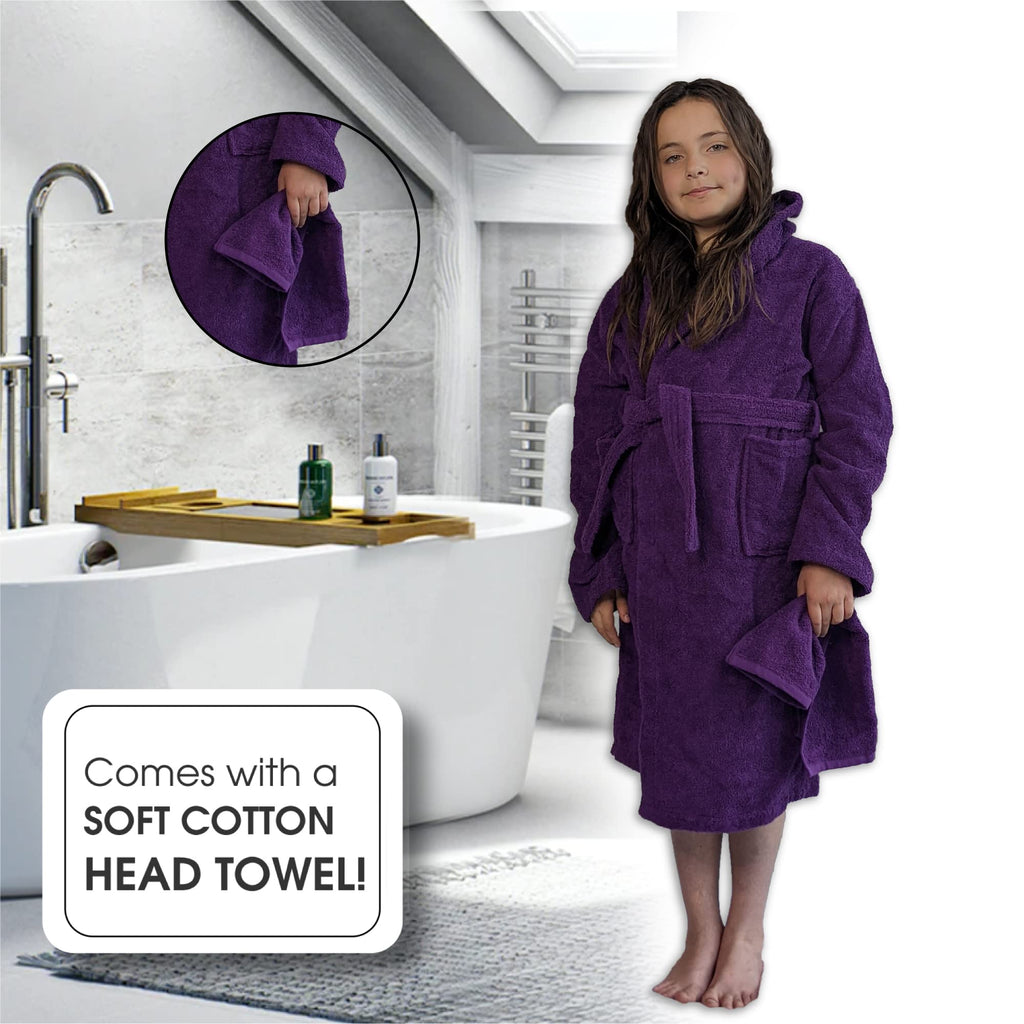 ALLEN & MATE Children 100% Cotton Hooded Bathrobe for Kids Boys Girls Soft Terry Towel Dressing Gown 2-13 Years