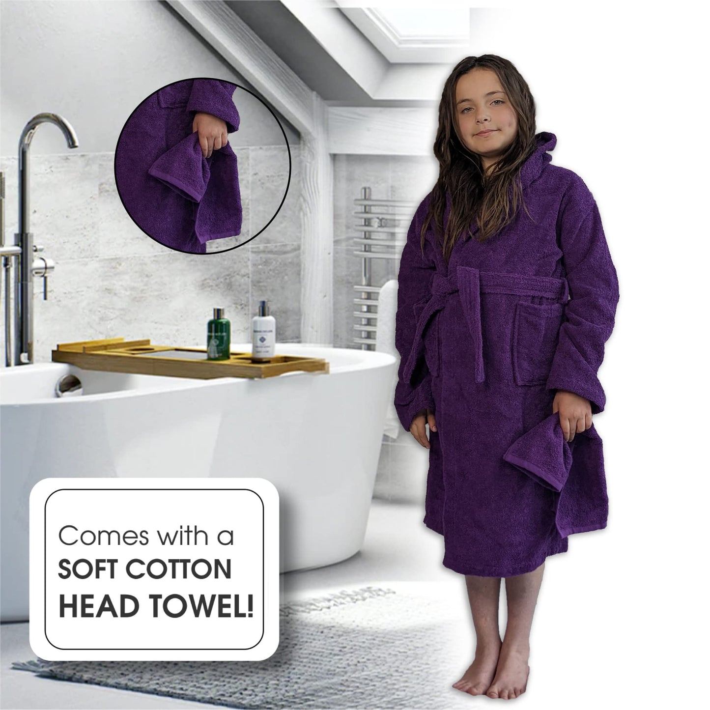 ALLEN & MATE Children 100% Cotton Hooded Bathrobe for Kids Boys Girls Soft Terry Towel Dressing Gown 2-13 Years