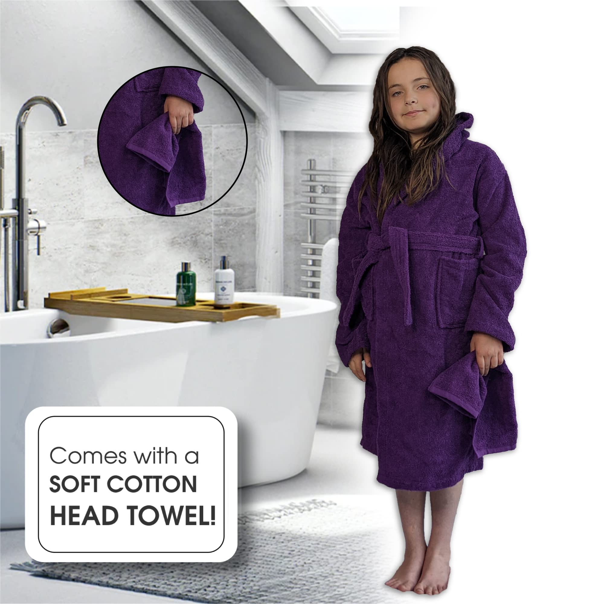 ALLEN & MATE Children 100% Cotton Hooded Bathrobe for Kids Boys Girls Soft Terry Towel Dressing Gown 2-13 Years