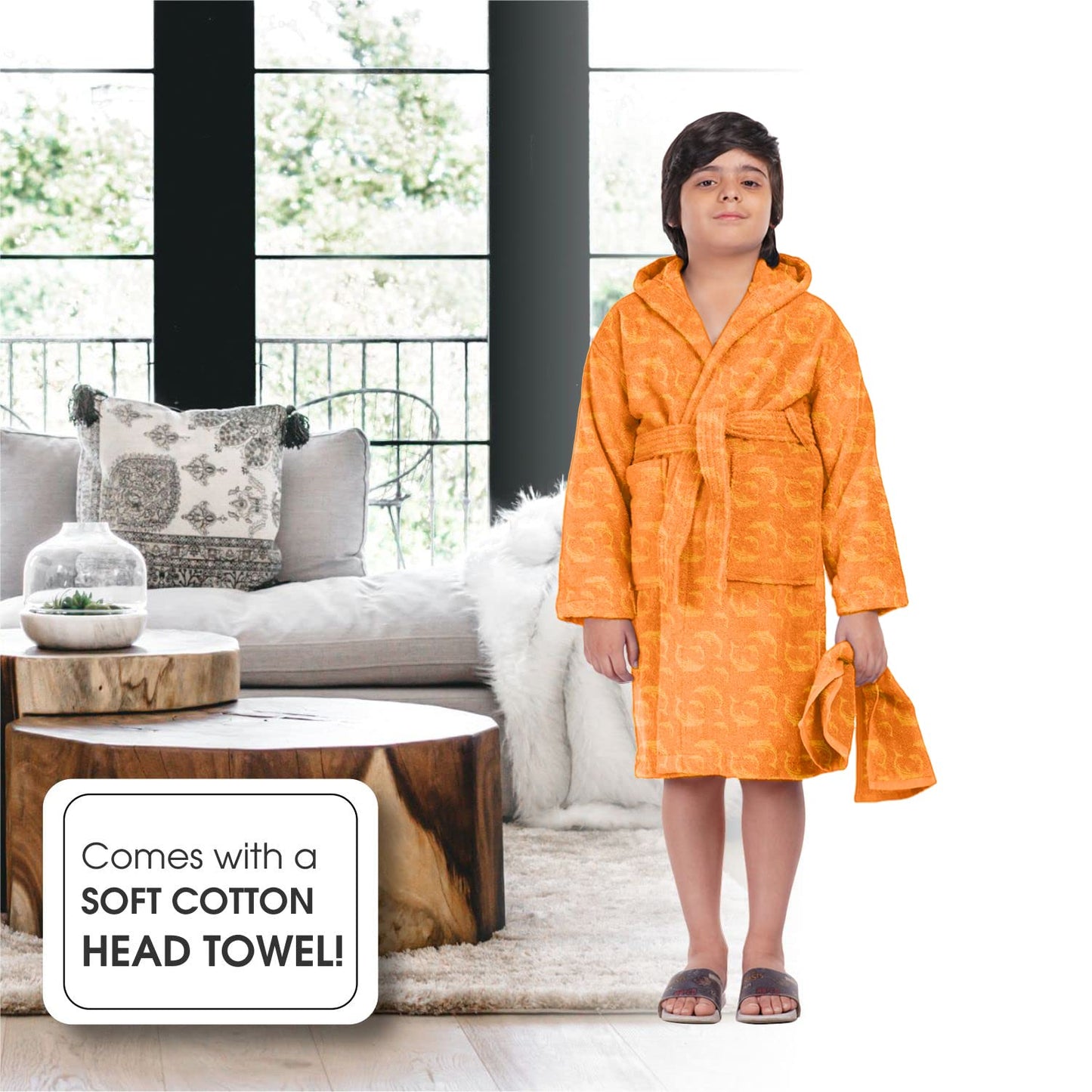 ALLEN & MATE Children 100% Cotton Hooded Bathrobe for Kids Boys Girls Soft Terry Towel Dressing Gown 2-13 Years
