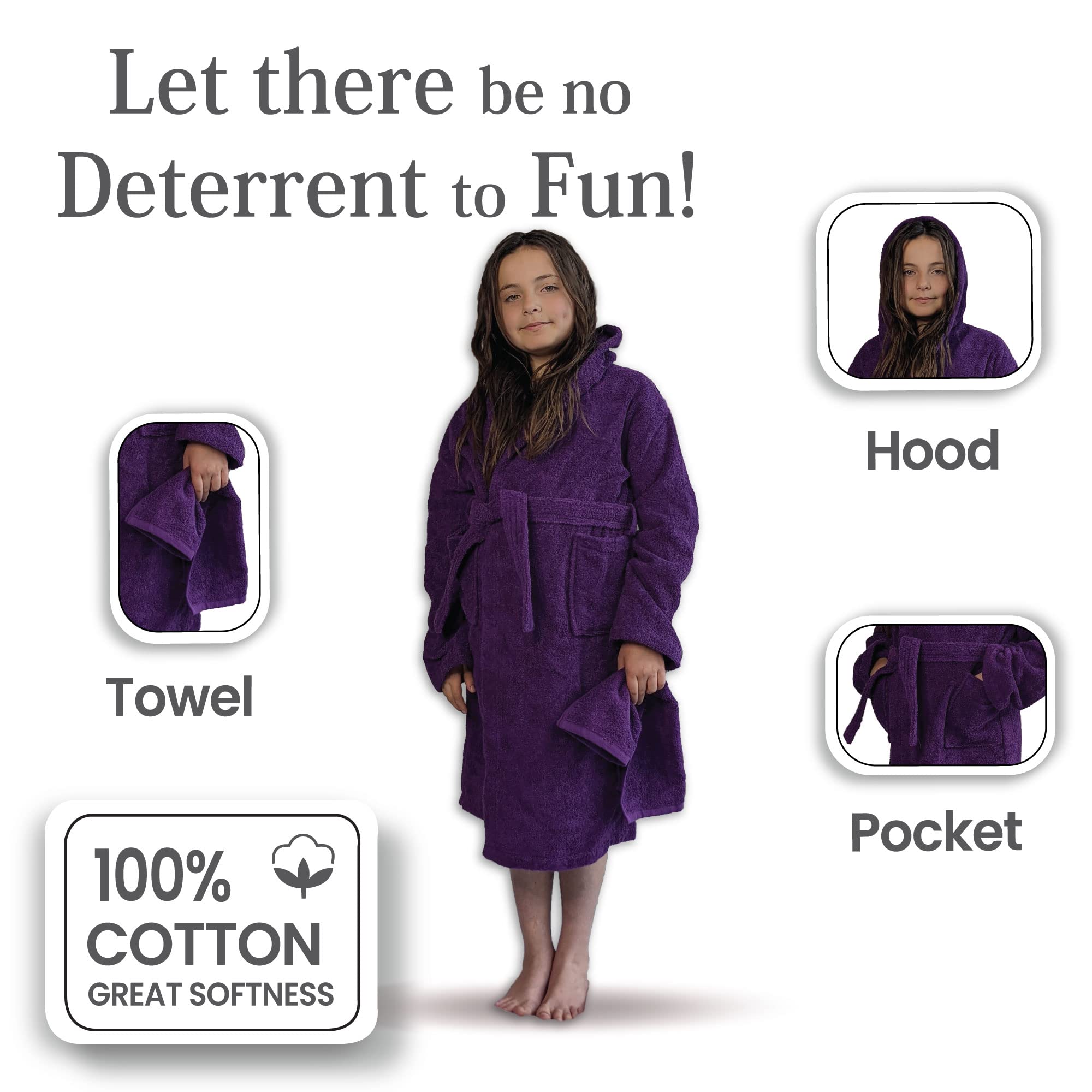 ALLEN & MATE Children 100% Cotton Hooded Bathrobe for Kids Boys Girls Soft Terry Towel Dressing Gown 2-13 Years