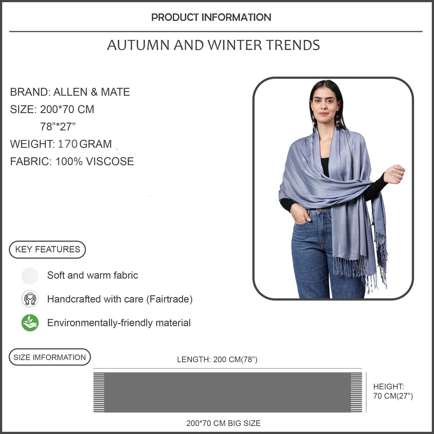 ALLEN & MATE Handcrafted Soft Pashmina Shawl Scarf Wrap Stole for Women in Solid Colors