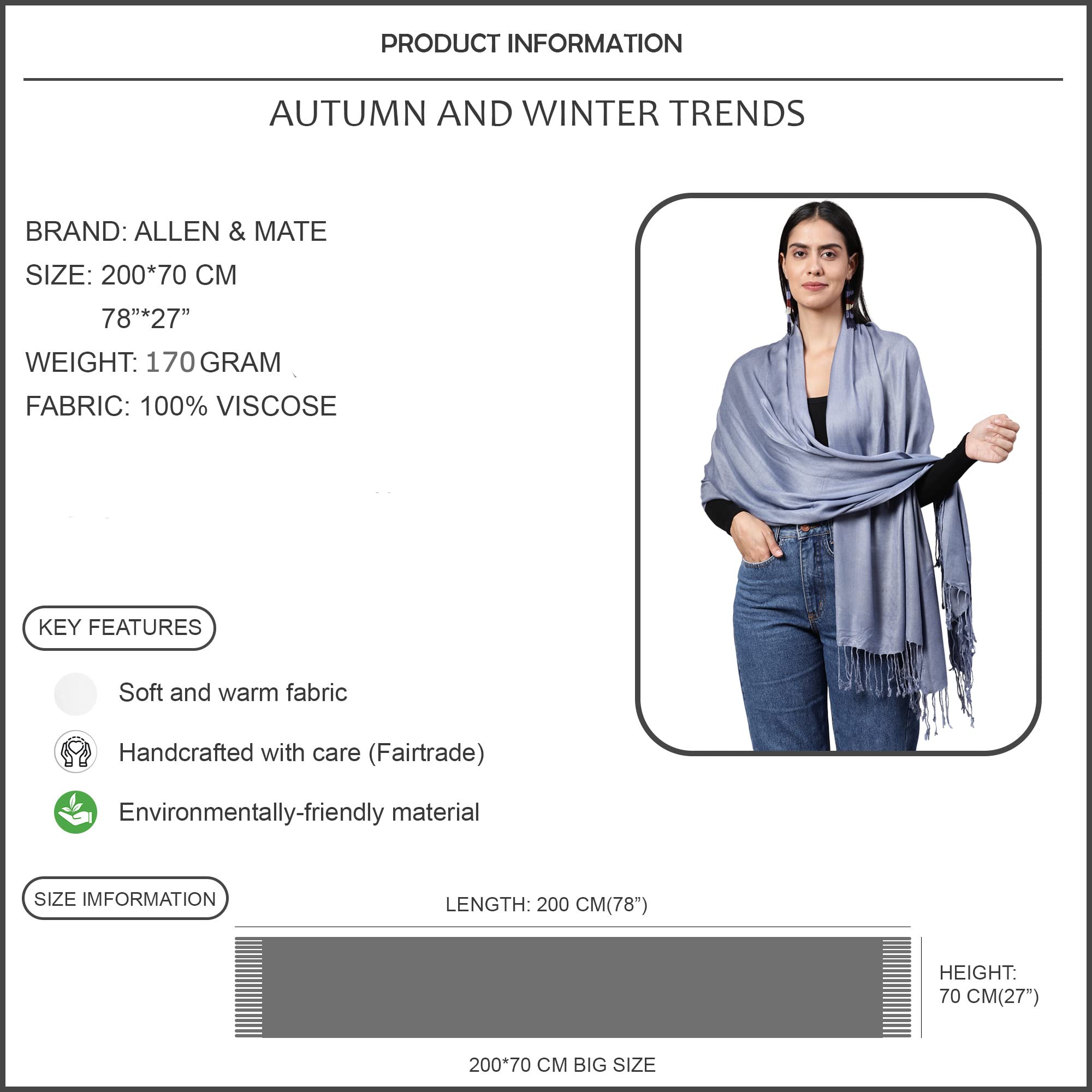 ALLEN & MATE Handcrafted Soft Pashmina Shawl Scarf Wrap Stole for Women in Solid Colors