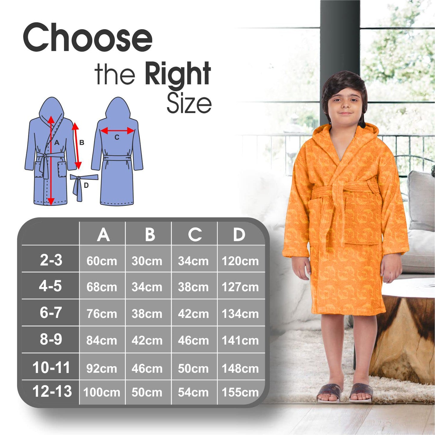 ALLEN & MATE Children 100% Cotton Hooded Bathrobe for Kids Boys Girls Soft Terry Towel Dressing Gown 2-13 Years