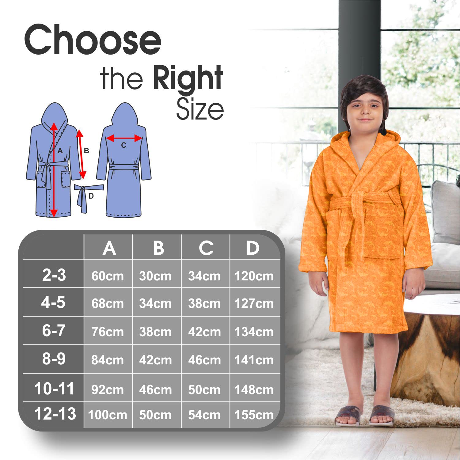 ALLEN & MATE Children 100% Cotton Hooded Bathrobe for Kids Boys Girls Soft Terry Towel Dressing Gown 2-13 Years