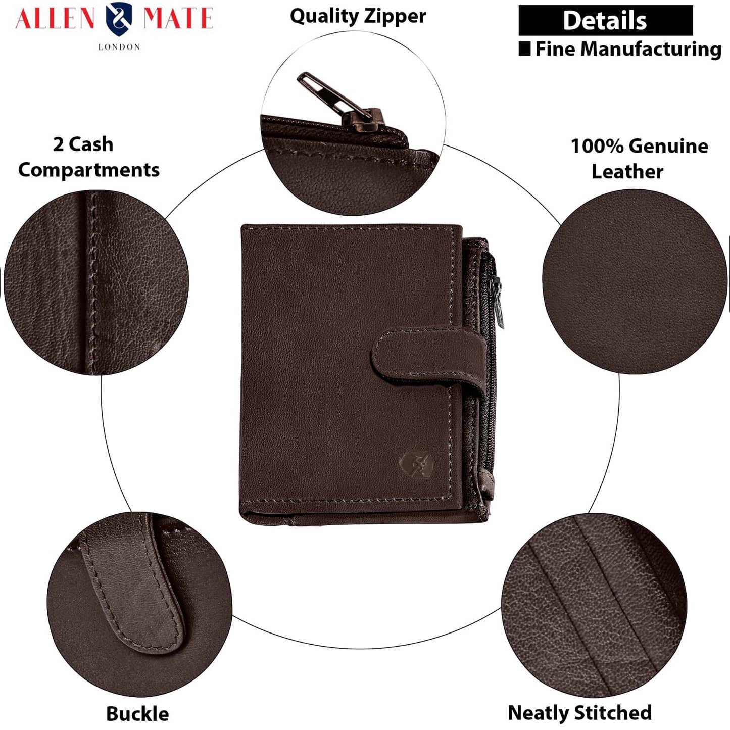 ALLEN & MATE Leather Card Holder Slim Wallet with Zip Coin Pocket, RFID Blocking Minimalist Wallet Credit Card Holder, Holds up to 7 Cards and Bank Notes, with Gift Box