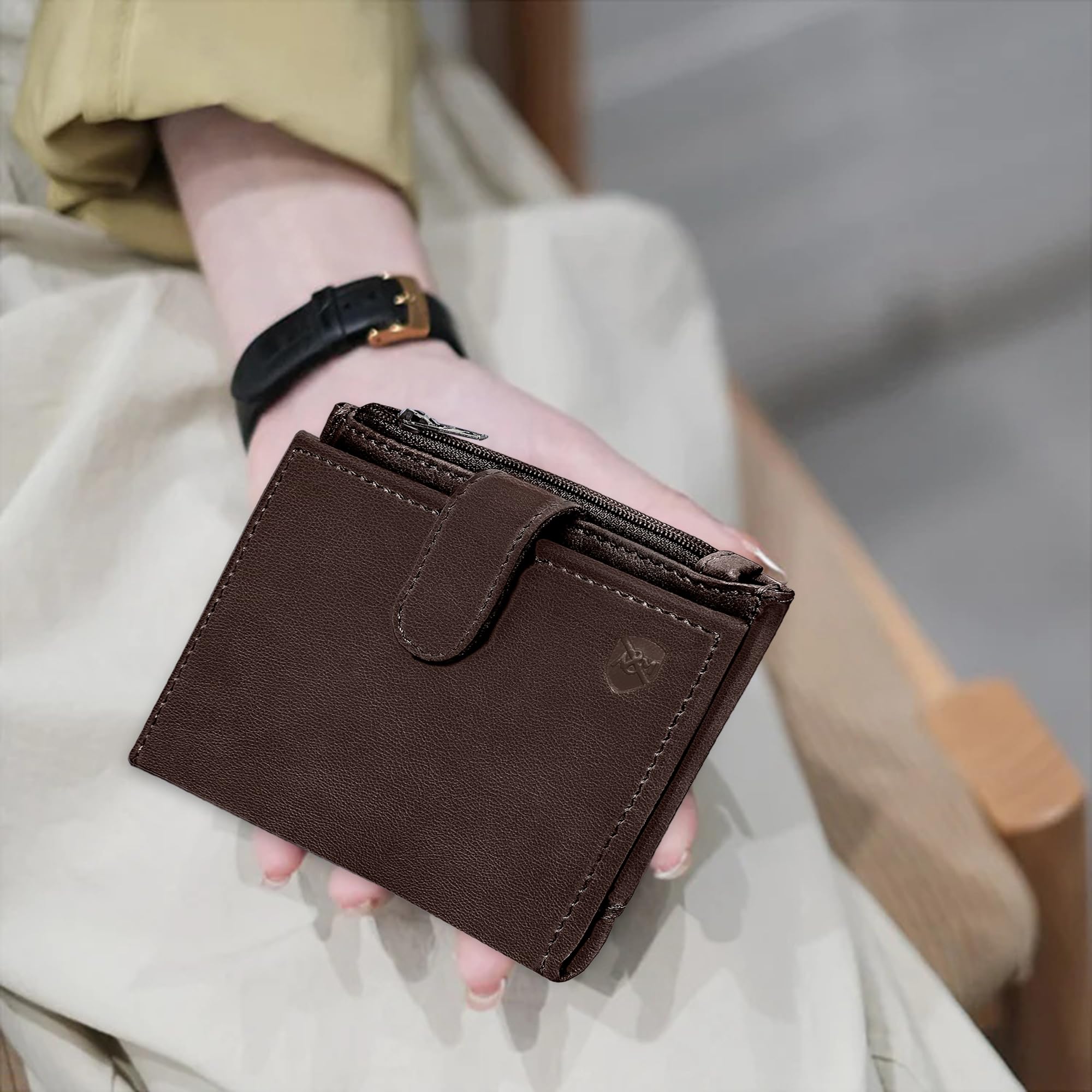 ALLEN & MATE Leather Card Holder Slim Wallet with Zip Coin Pocket, RFID Blocking Minimalist Wallet Credit Card Holder, Holds up to 7 Cards and Bank Notes, with Gift Box