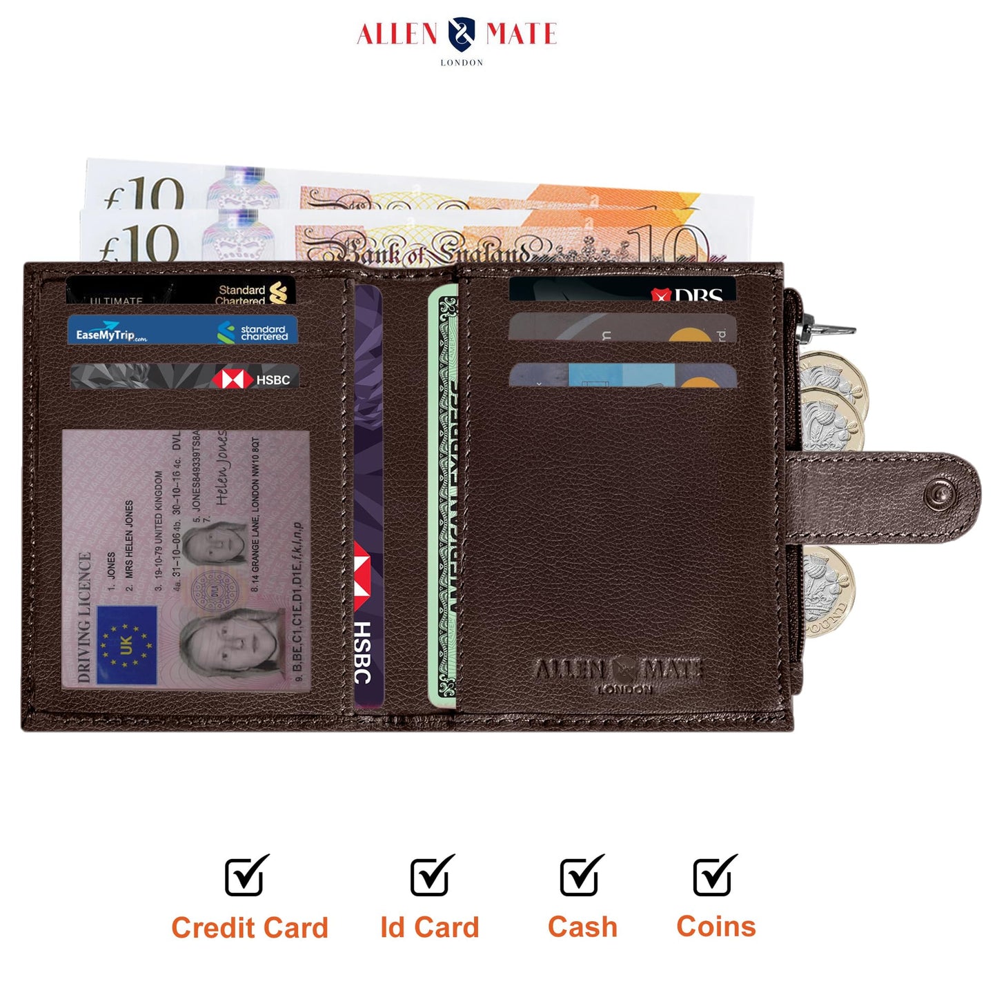 ALLEN & MATE Leather Card Holder Slim Wallet with Zip Coin Pocket, RFID Blocking Minimalist Wallet Credit Card Holder, Holds up to 7 Cards and Bank Notes, with Gift Box