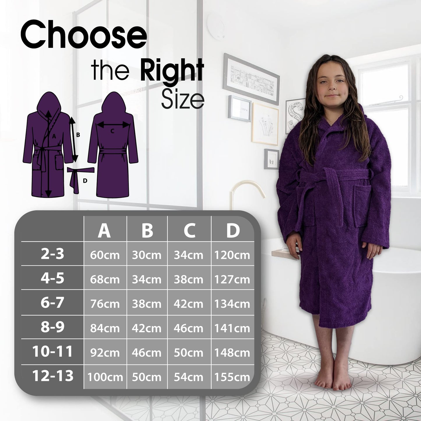 ALLEN & MATE Children 100% Cotton Hooded Bathrobe for Kids Boys Girls Soft Terry Towel Dressing Gown 2-13 Years