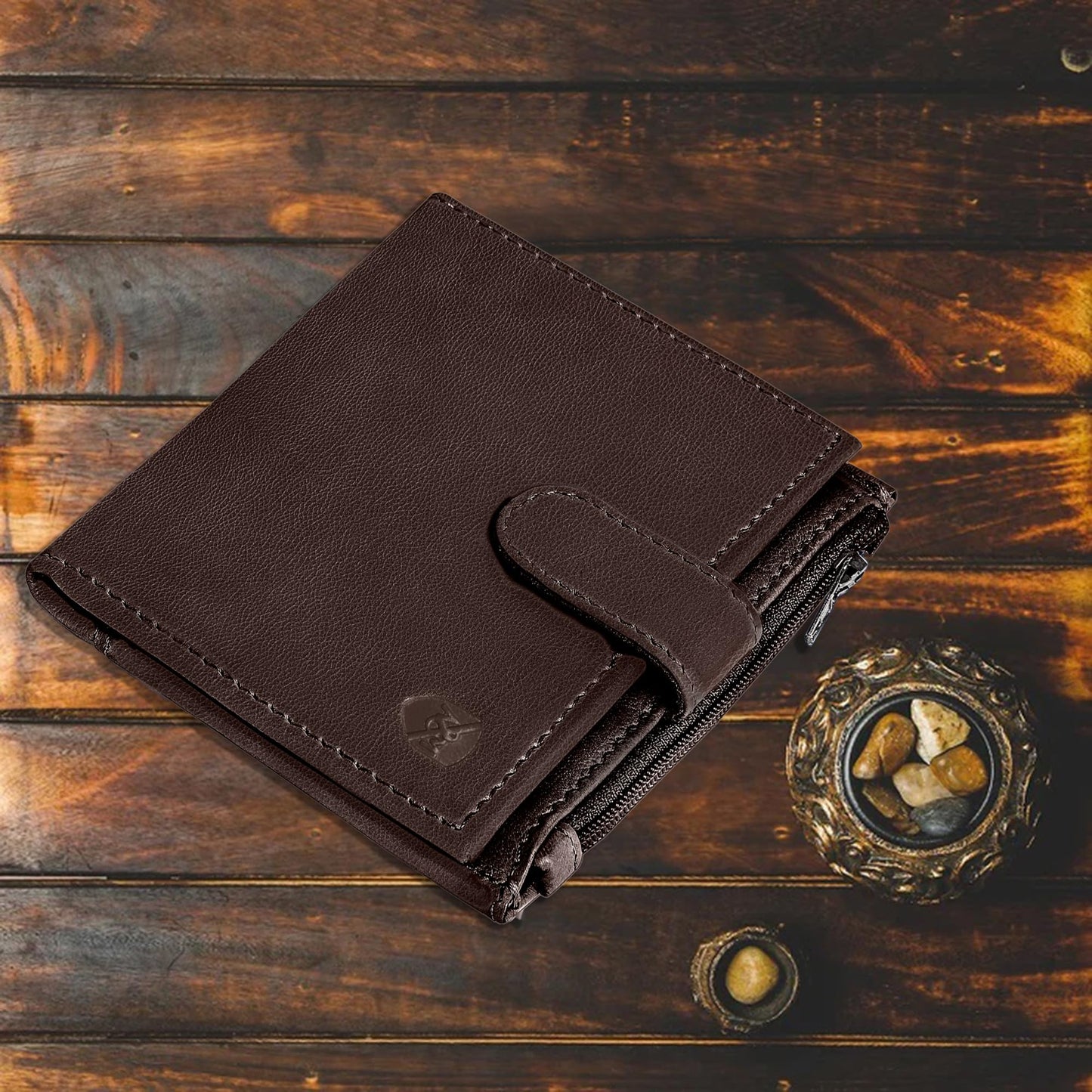 ALLEN & MATE Leather Card Holder Slim Wallet with Zip Coin Pocket, RFID Blocking Minimalist Wallet Credit Card Holder, Holds up to 7 Cards and Bank Notes, with Gift Box