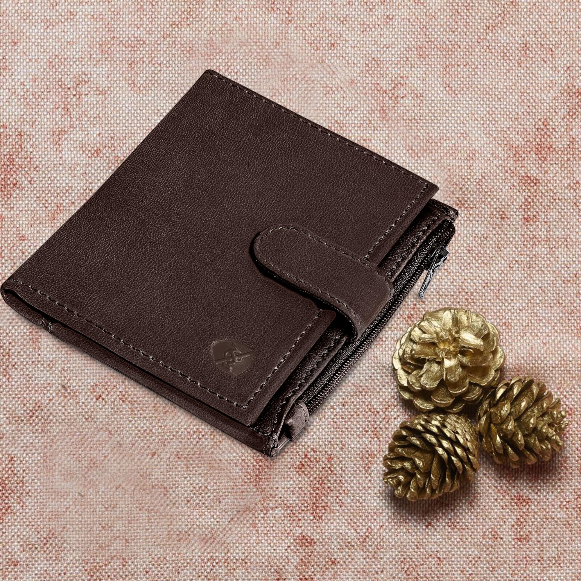 ALLEN & MATE Leather Card Holder Slim Wallet with Zip Coin Pocket, RFID Blocking Minimalist Wallet Credit Card Holder, Holds up to 7 Cards and Bank Notes, with Gift Box